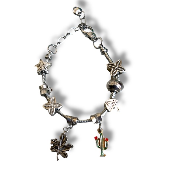 925 Sterling Silver Whimsical Charm Bracelet Star Maple Cactus Umbrella & Clover - Picture 3 of 11